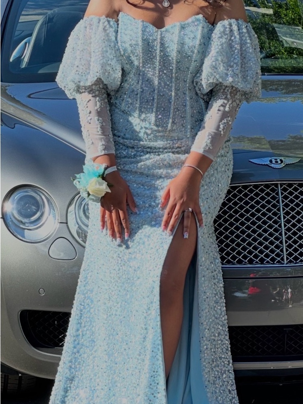 Elegant Off-Shoulder Sequin Evening Gown in Ice Blue